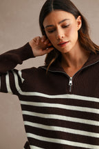 Striped Half-Zip Oversized Sailor Collar Knit Sweater Top (Brown/Cream)
