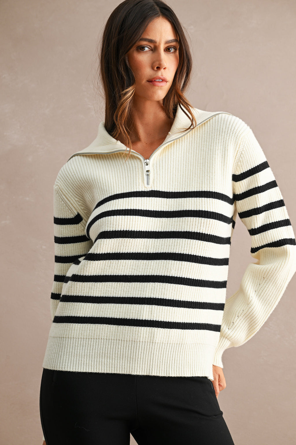 Striped Half-Zip Oversized Sailor Collar Knit Sweater Top (Cream/Black)