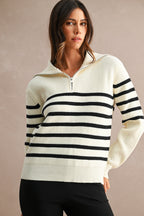 Striped Half-Zip Oversized Sailor Collar Knit Sweater Top (Cream/Black)