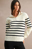 Striped Half-Zip Oversized Sailor Collar Knit Sweater Top (Cream/Black)