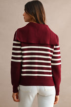 Striped Half-Zip Oversized Sailor Collar Knit Sweater Top (Burgundy/Cream)