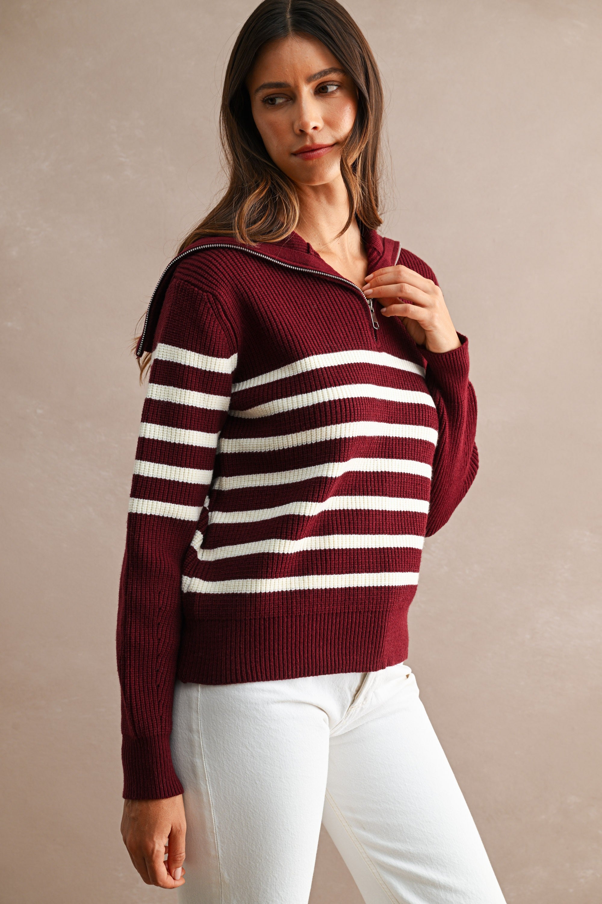 Striped Half-Zip Oversized Sailor Collar Knit Sweater Top (Burgundy/Cream)
