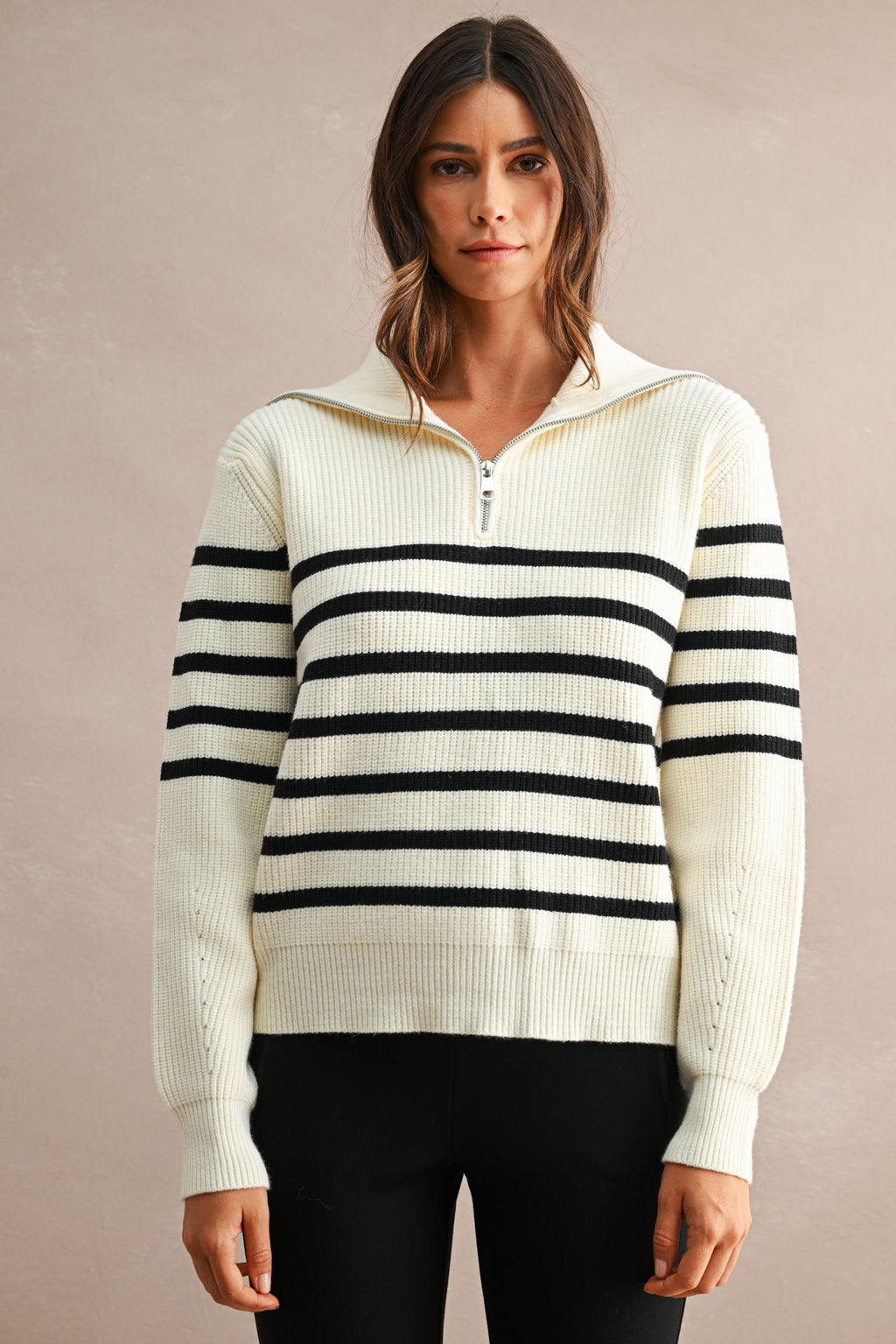 Striped Half-Zip Oversized Sailor Collar Knit Sweater Top (Cream/Black)