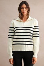 Striped Half-Zip Oversized Sailor Collar Knit Sweater Top (Cream/Black)