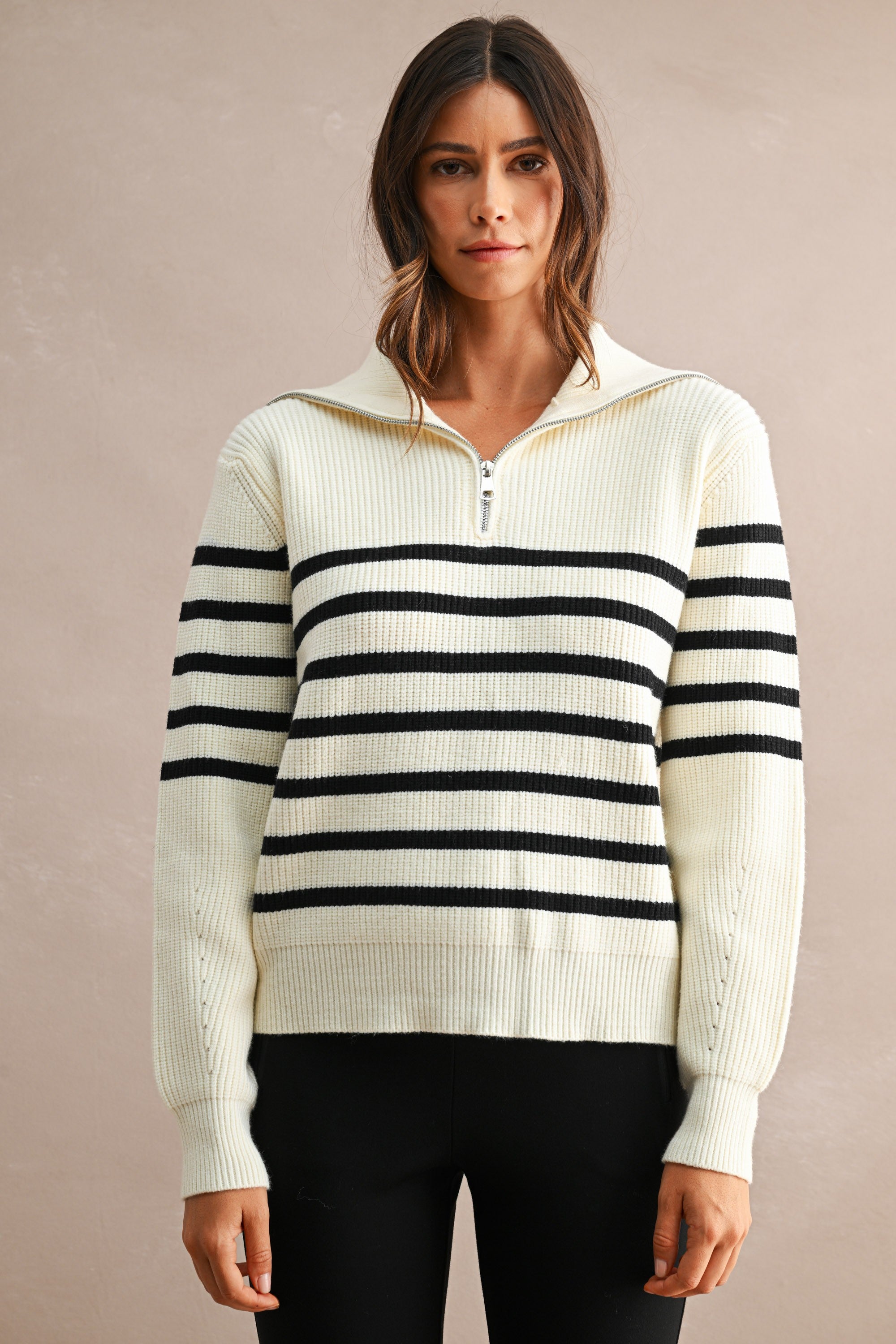 Striped Half-Zip Oversized Sailor Collar Knit Sweater Top (Cream/Black)