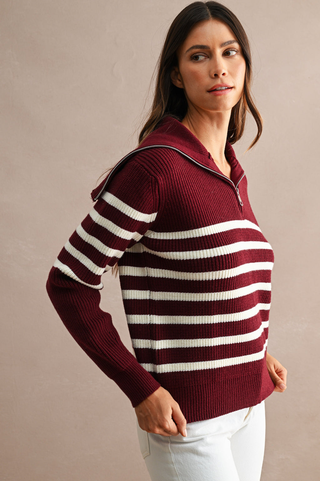 Striped Half-Zip Oversized Sailor Collar Knit Sweater Top (Burgundy/Cream)