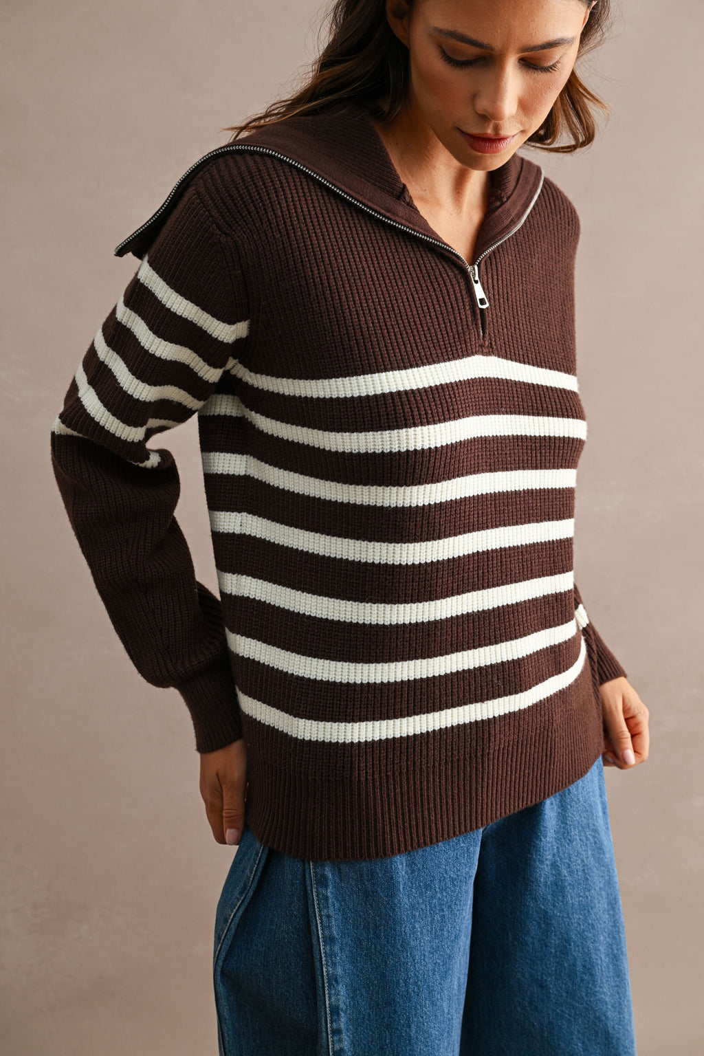 Striped Half-Zip Oversized Sailor Collar Knit Sweater Top (Brown/Cream)