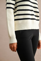 Striped Half-Zip Oversized Sailor Collar Knit Sweater Top (Cream/Black)