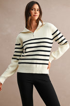 Striped Half-Zip Oversized Sailor Collar Knit Sweater Top (Cream/Black)