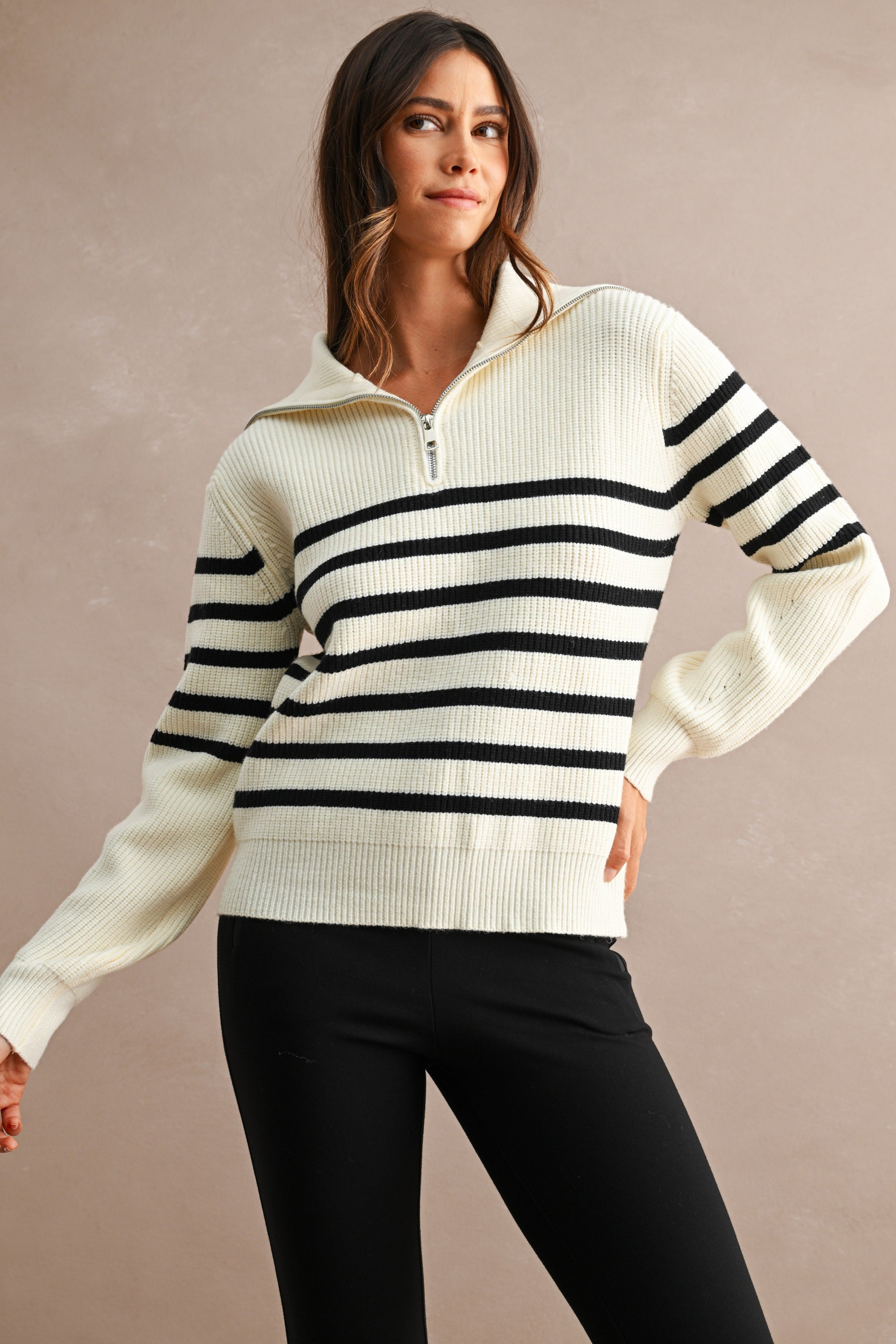Striped Half-Zip Oversized Sailor Collar Knit Sweater Top (Cream/Black)