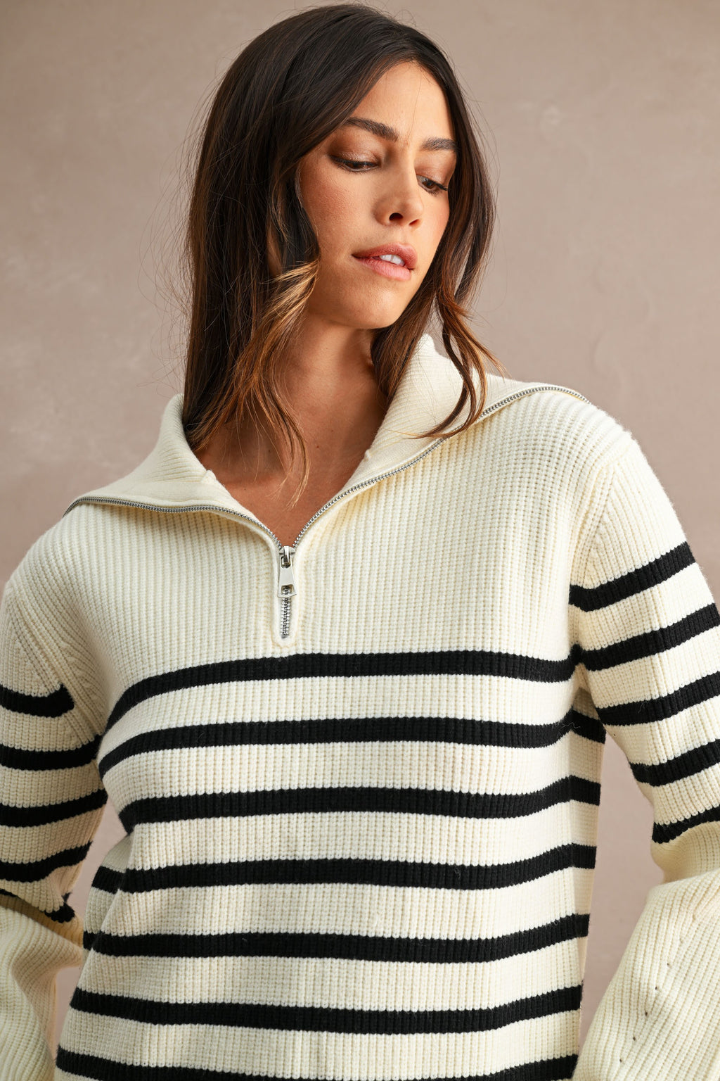 Striped Half-Zip Oversized Sailor Collar Knit Sweater Top (Cream/Black)