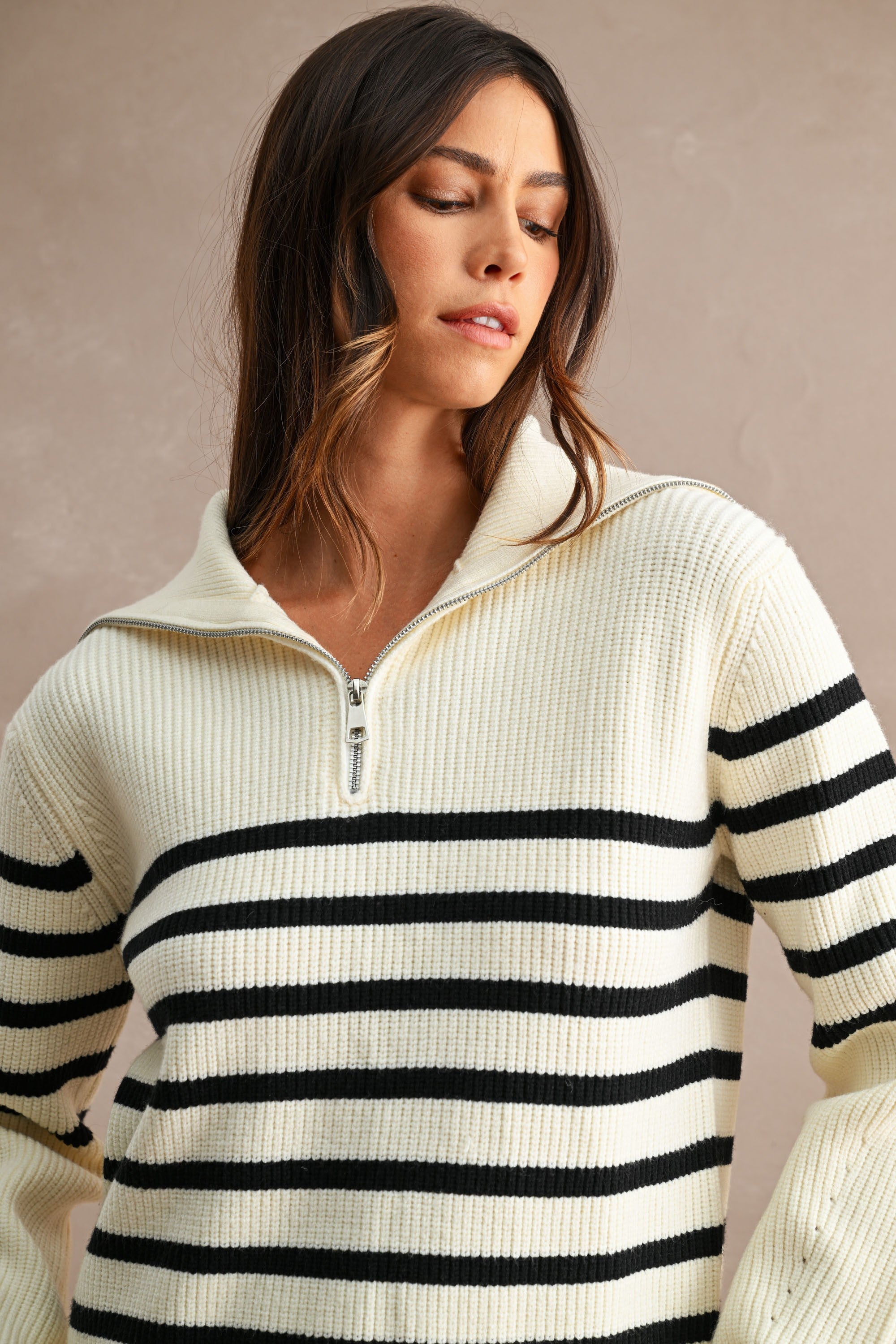 Striped Half-Zip Oversized Sailor Collar Knit Sweater Top (Cream/Black)