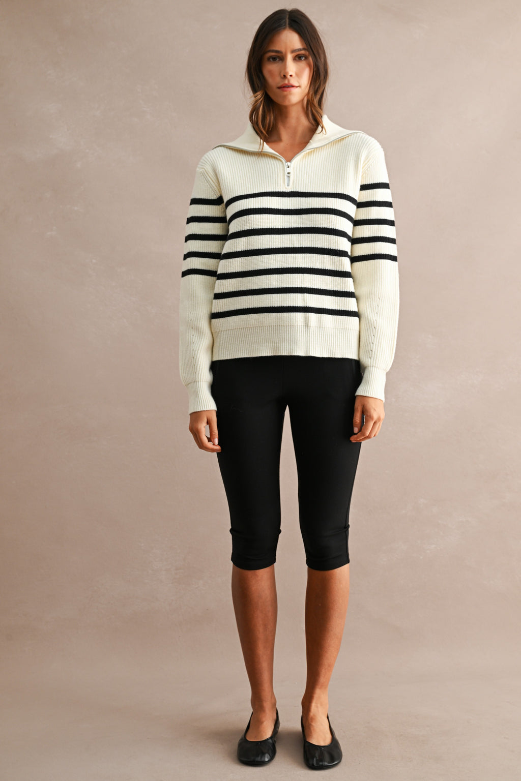 Striped Half-Zip Oversized Sailor Collar Knit Sweater Top (Cream/Black)