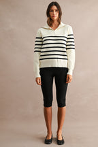 Striped Half-Zip Oversized Sailor Collar Knit Sweater Top (Cream/Black)