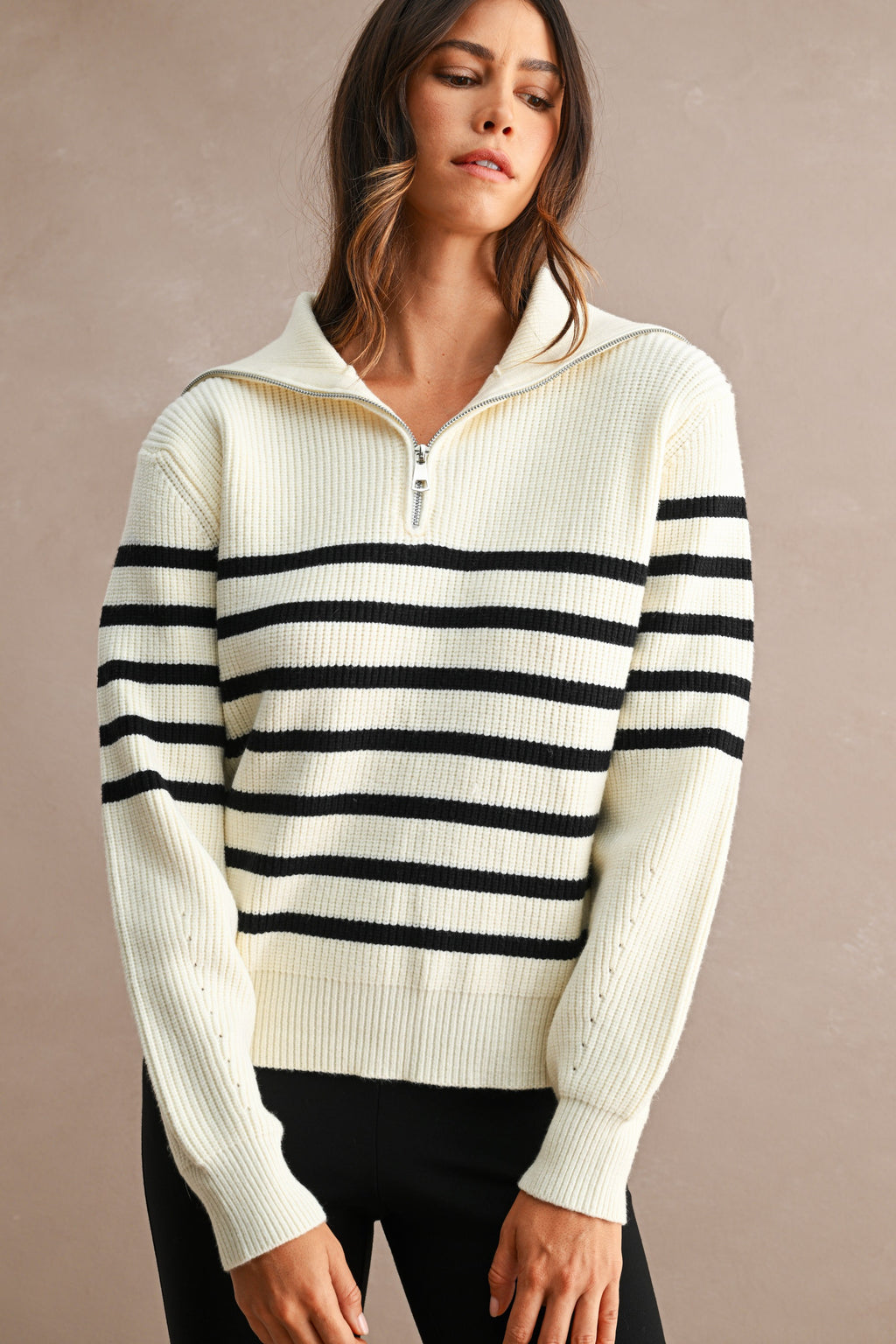 Striped Half-Zip Oversized Sailor Collar Knit Sweater Top (Cream/Black)