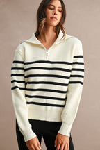 Striped Half-Zip Oversized Sailor Collar Knit Sweater Top (Cream/Black)