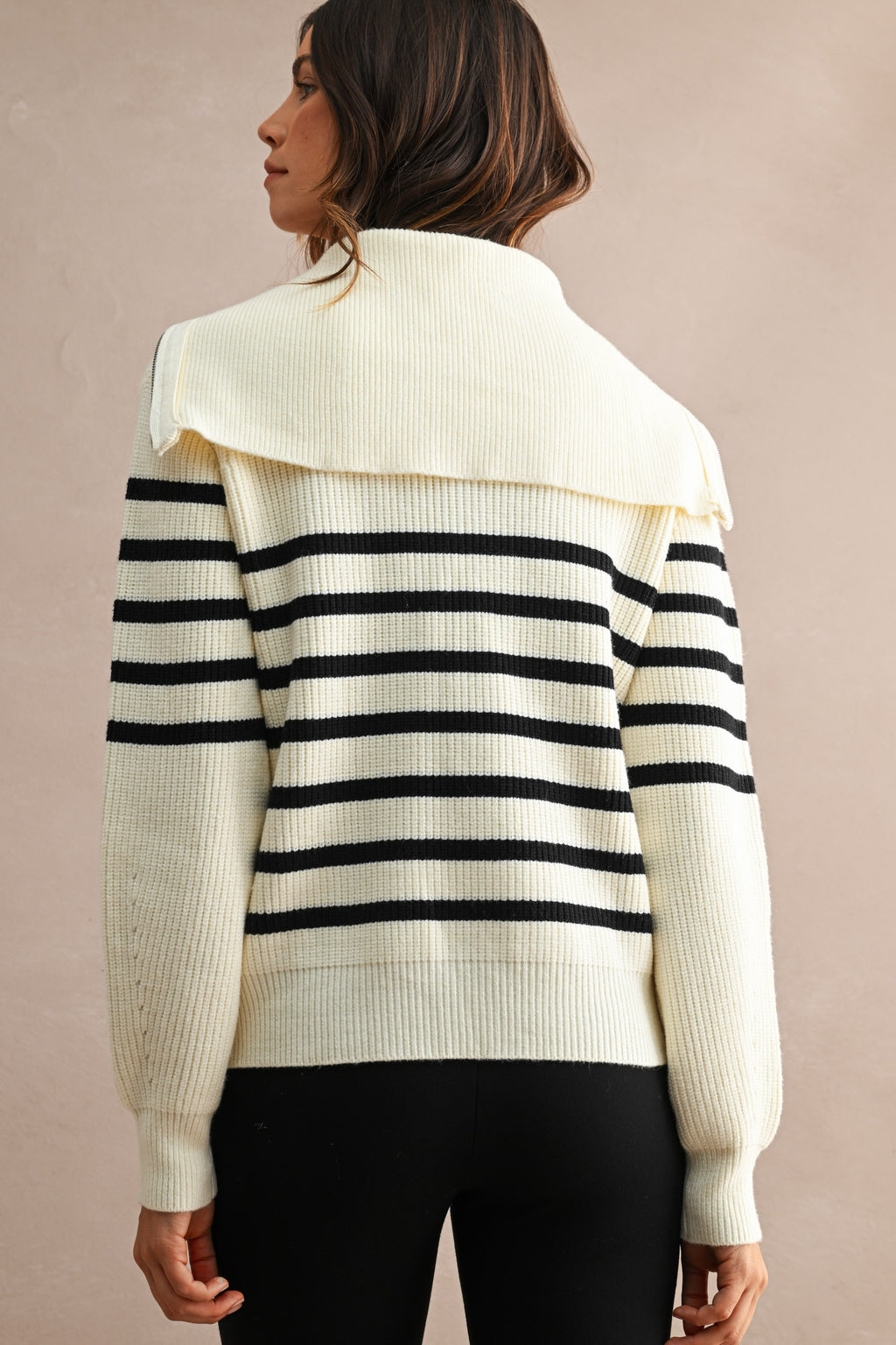Striped Half-Zip Oversized Sailor Collar Knit Sweater Top (Cream/Black)