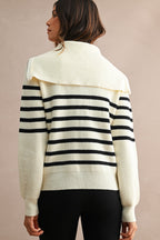 Striped Half-Zip Oversized Sailor Collar Knit Sweater Top (Cream/Black)