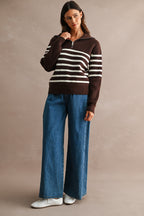 Striped Half-Zip Oversized Sailor Collar Knit Sweater Top (Brown/Cream)