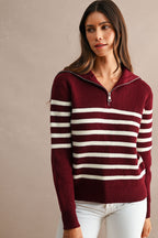 Striped Half-Zip Oversized Sailor Collar Knit Sweater Top (Burgundy/Cream)