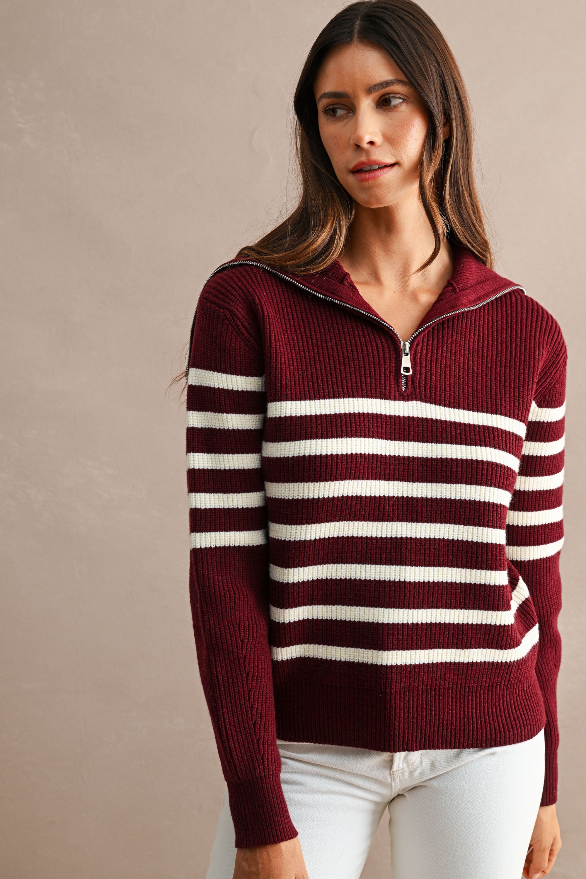 Striped Half-Zip Oversized Sailor Collar Knit Sweater Top (Burgundy/Cream)