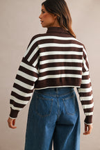 Striped Polo Cropped Sweater (Chocolate Brown/Cream)