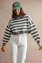 Striped Polo Cropped Sweater (Grey/Cream)