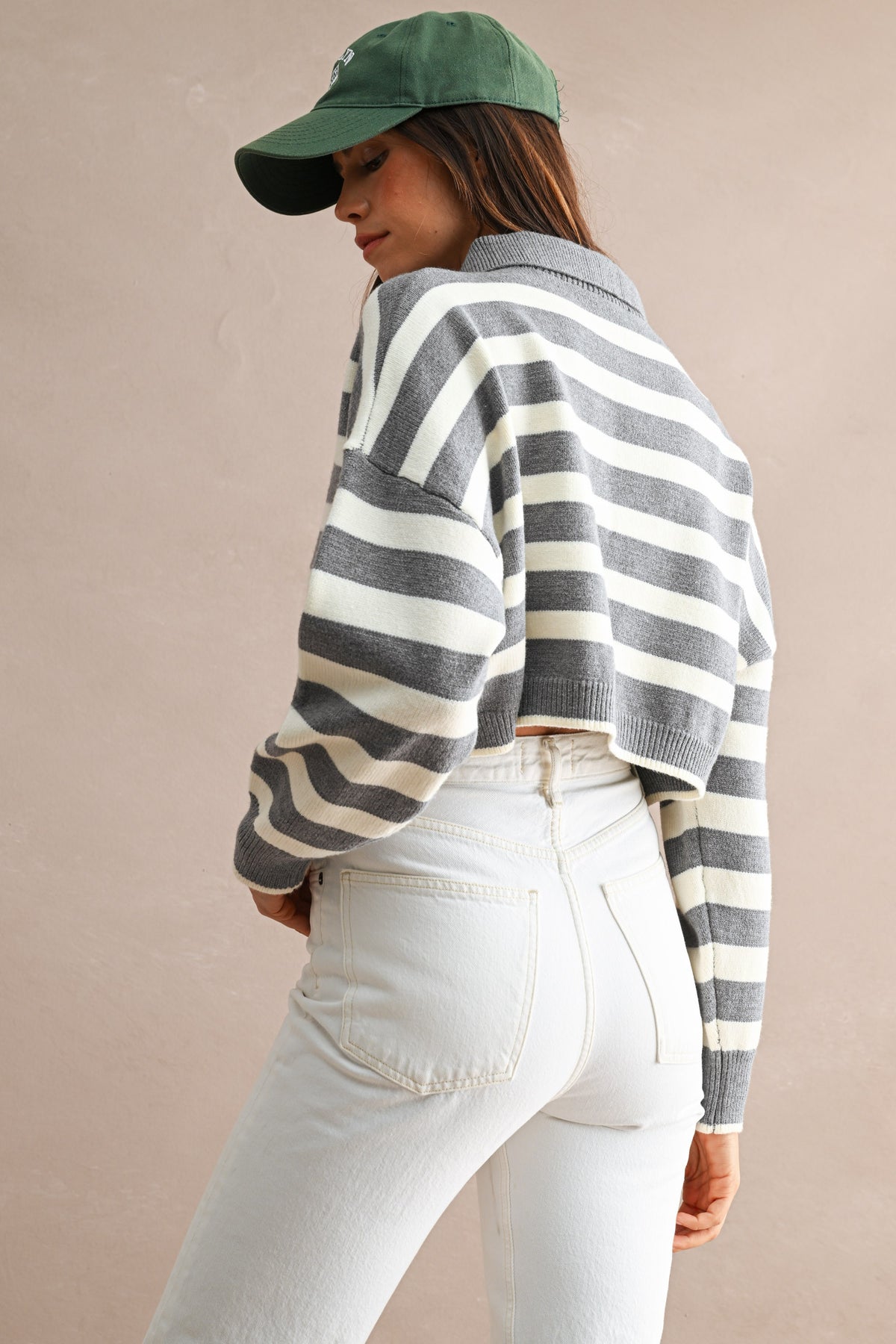 Striped Polo Cropped Sweater (Grey/Cream)