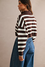 Striped Polo Cropped Sweater (Chocolate Brown/Cream)