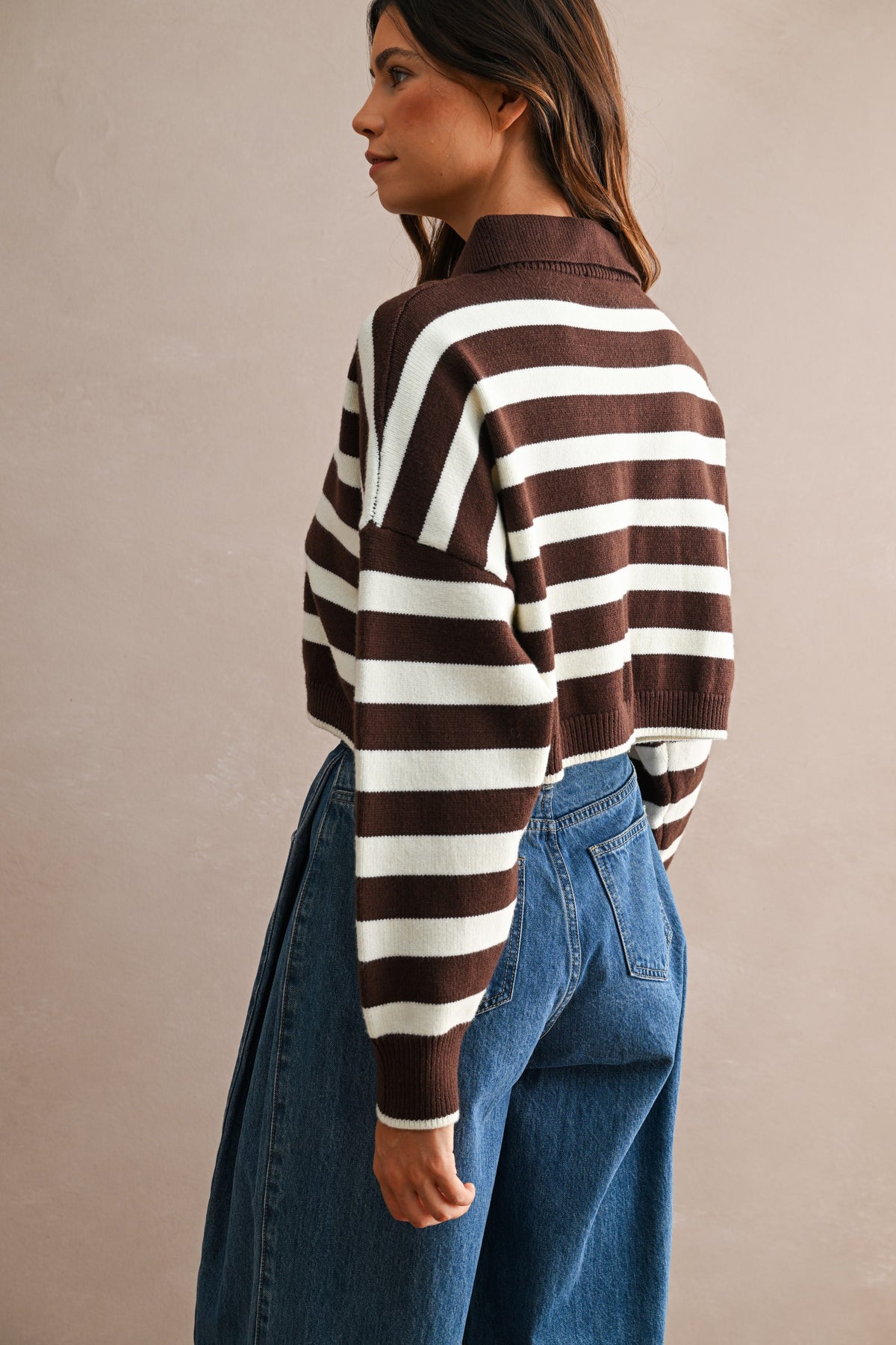Striped Polo Cropped Sweater (Chocolate Brown/Cream)