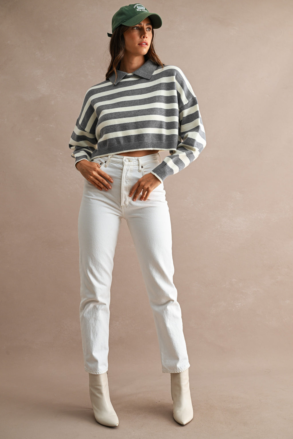 Striped Polo Cropped Sweater (Grey/Cream)