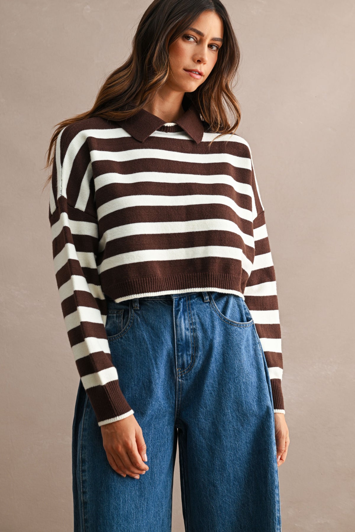 Striped Polo Cropped Sweater (Chocolate Brown/Cream)