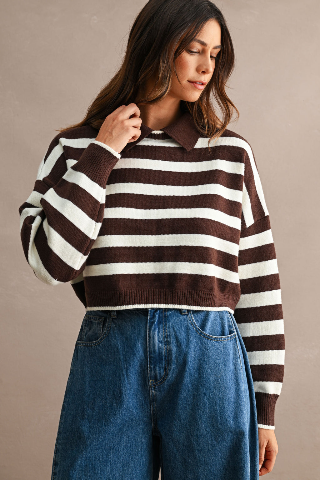 Striped Polo Cropped Sweater (Chocolate Brown/Cream)