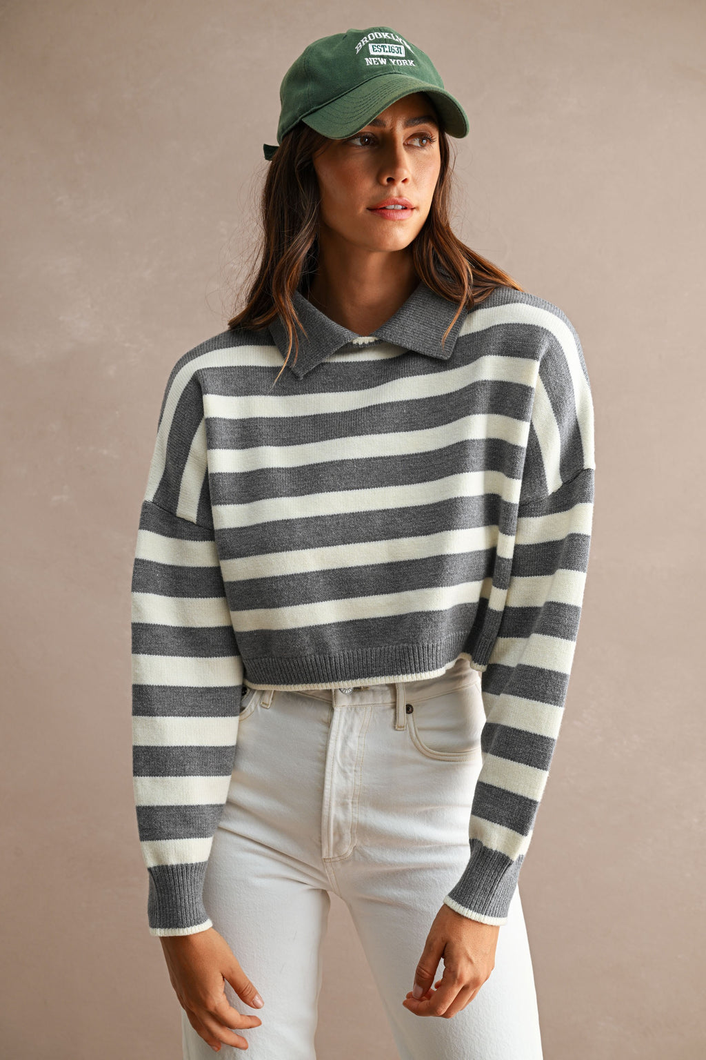 Striped Polo Cropped Sweater (Grey/Cream)