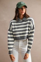 Striped Polo Cropped Sweater (Grey/Cream)