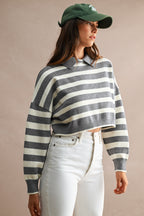 Striped Polo Cropped Sweater (Grey/Cream)