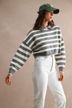 Striped Polo Cropped Sweater (Grey/Cream)