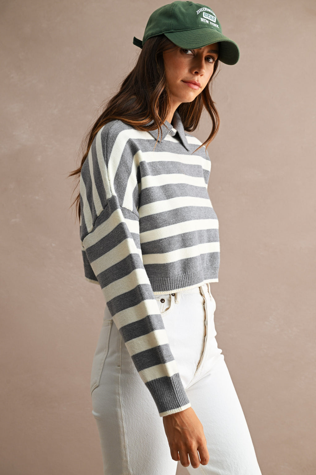 Striped Polo Cropped Sweater (Grey/Cream)