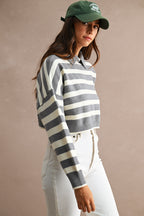 Striped Polo Cropped Sweater (Grey/Cream)