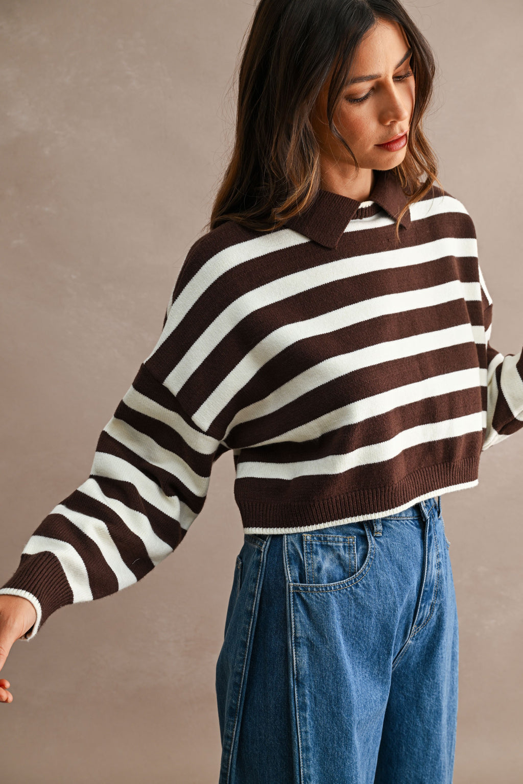 Striped Polo Cropped Sweater (Chocolate Brown/Cream)