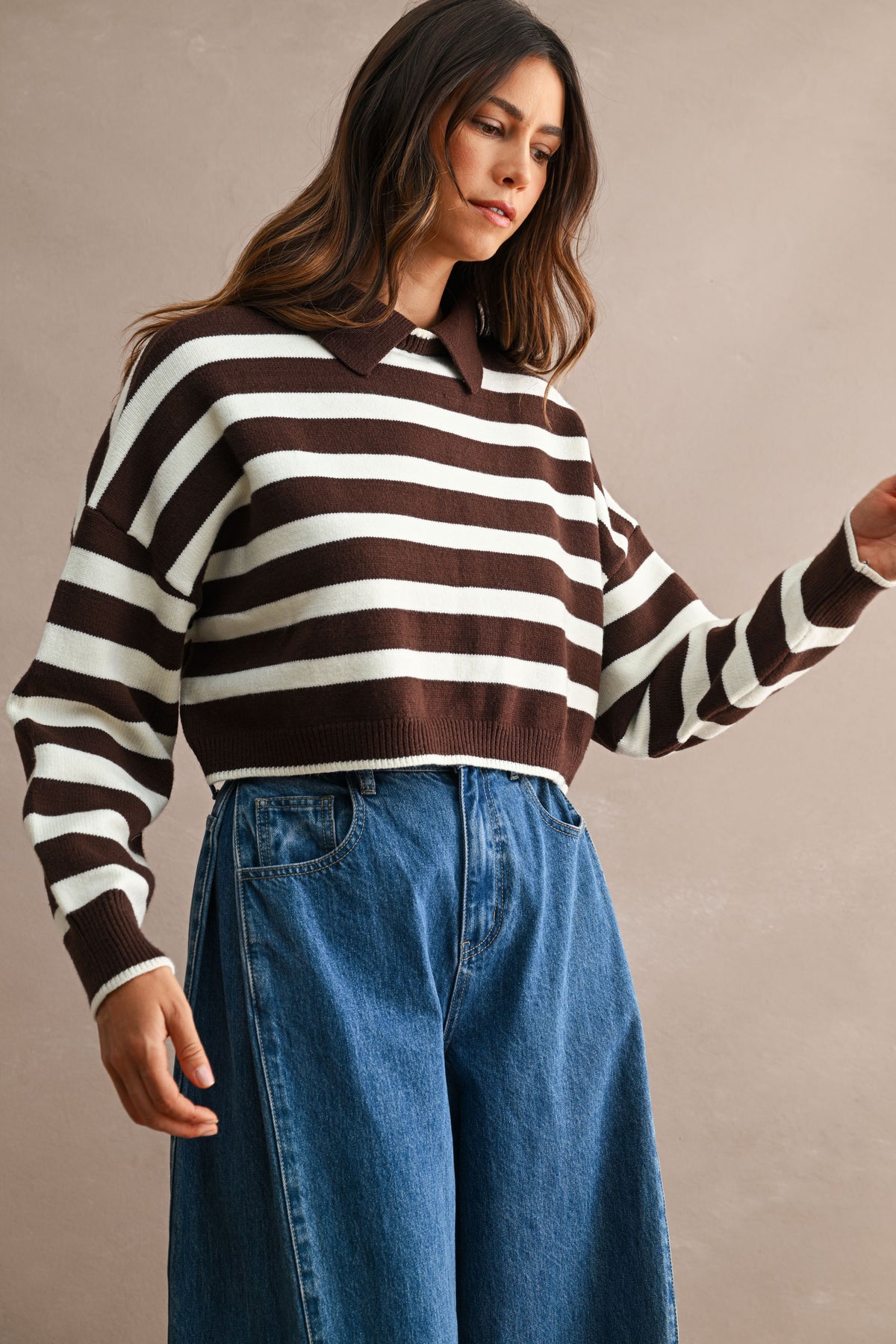 Striped Polo Cropped Sweater (Chocolate Brown/Cream) Main image
