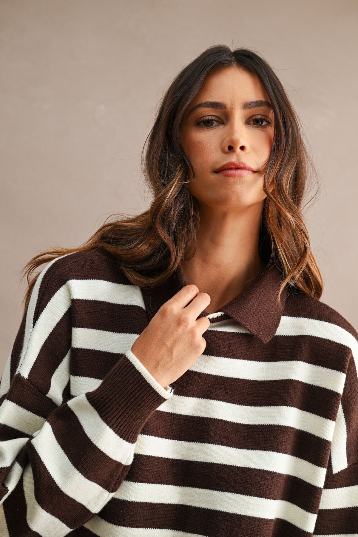 Striped Polo Cropped Sweater (Chocolate Brown/Cream)