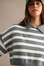 Striped Polo Cropped Sweater (Grey/Cream)