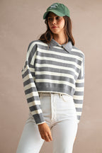 Striped Polo Cropped Sweater (Grey/Cream)