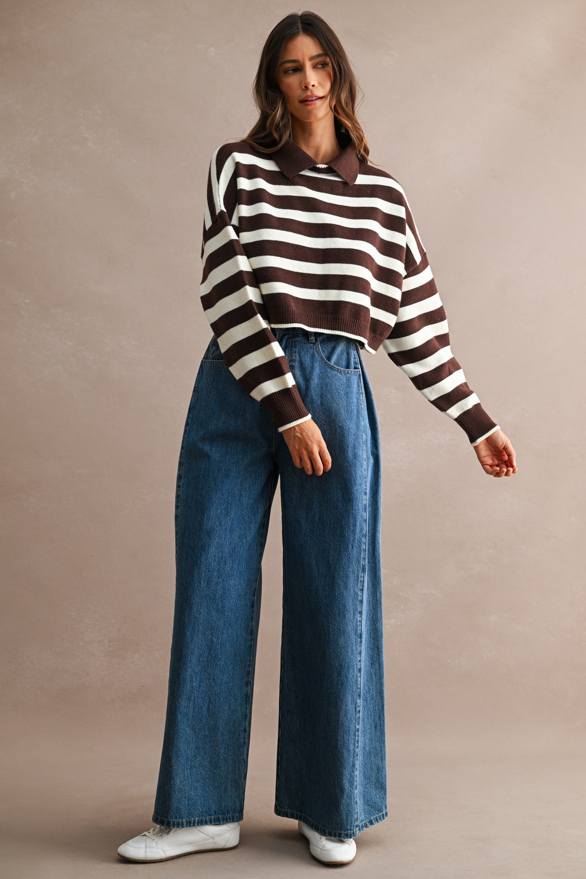 Striped Polo Cropped Sweater (Chocolate Brown/Cream)