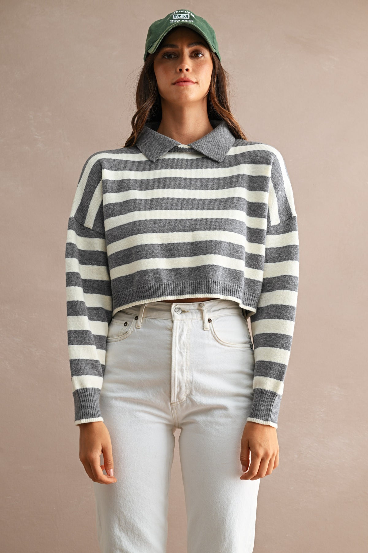 Striped Polo Cropped Sweater (Grey/Cream)