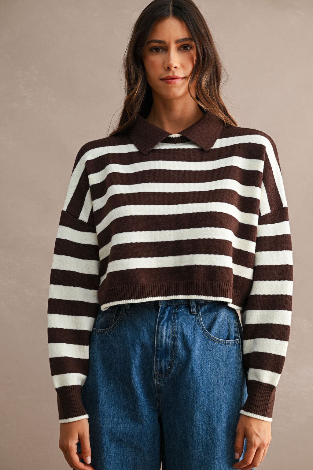 Striped Polo Cropped Sweater (Chocolate Brown/Cream)