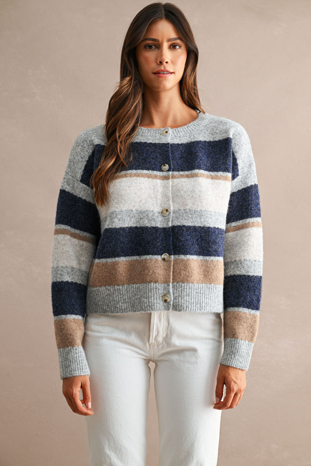 Multi-Color Striped Long Sleeve Knit Cropped Cardigan