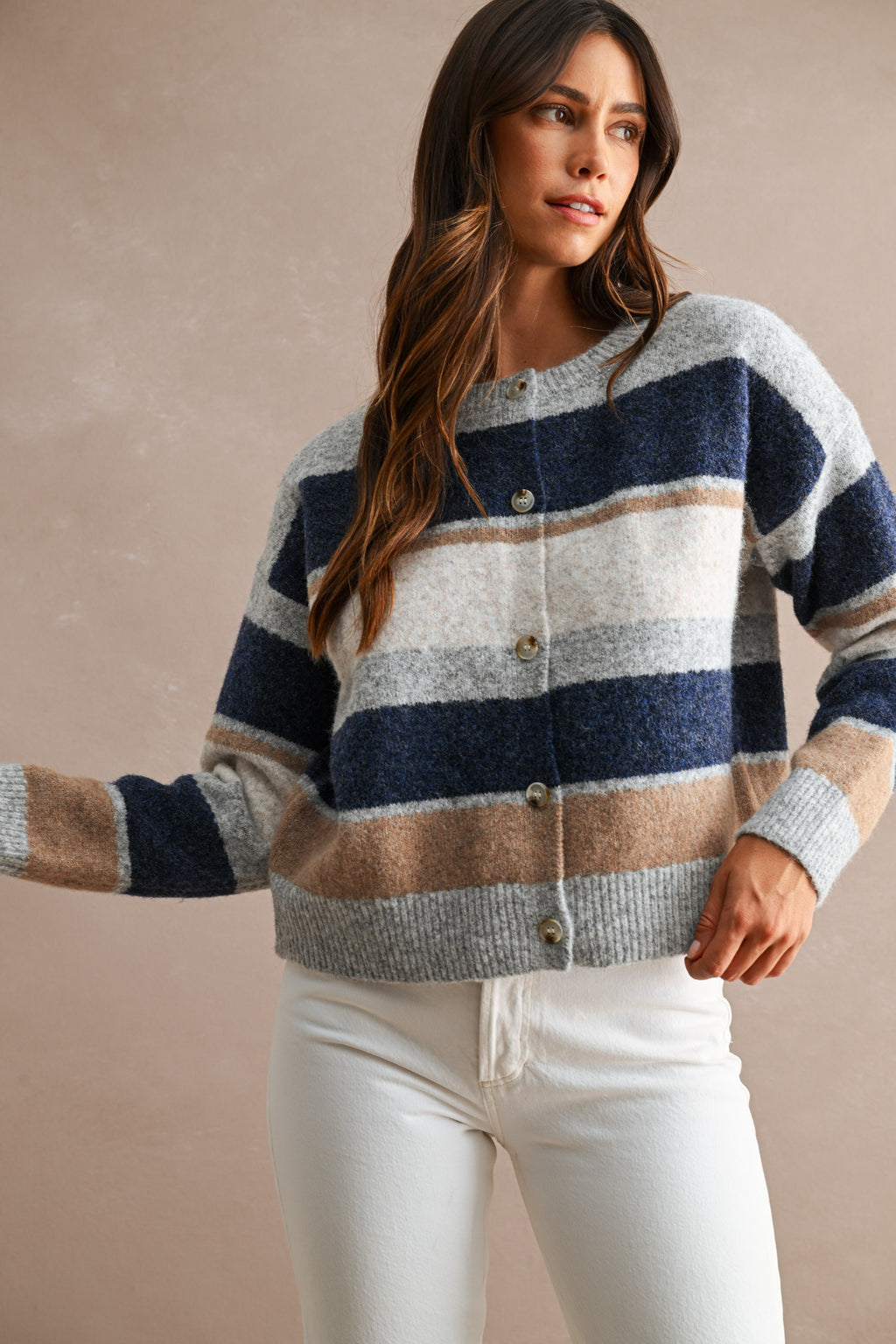 Multi-Color Striped Long Sleeve Knit Cropped Cardigan