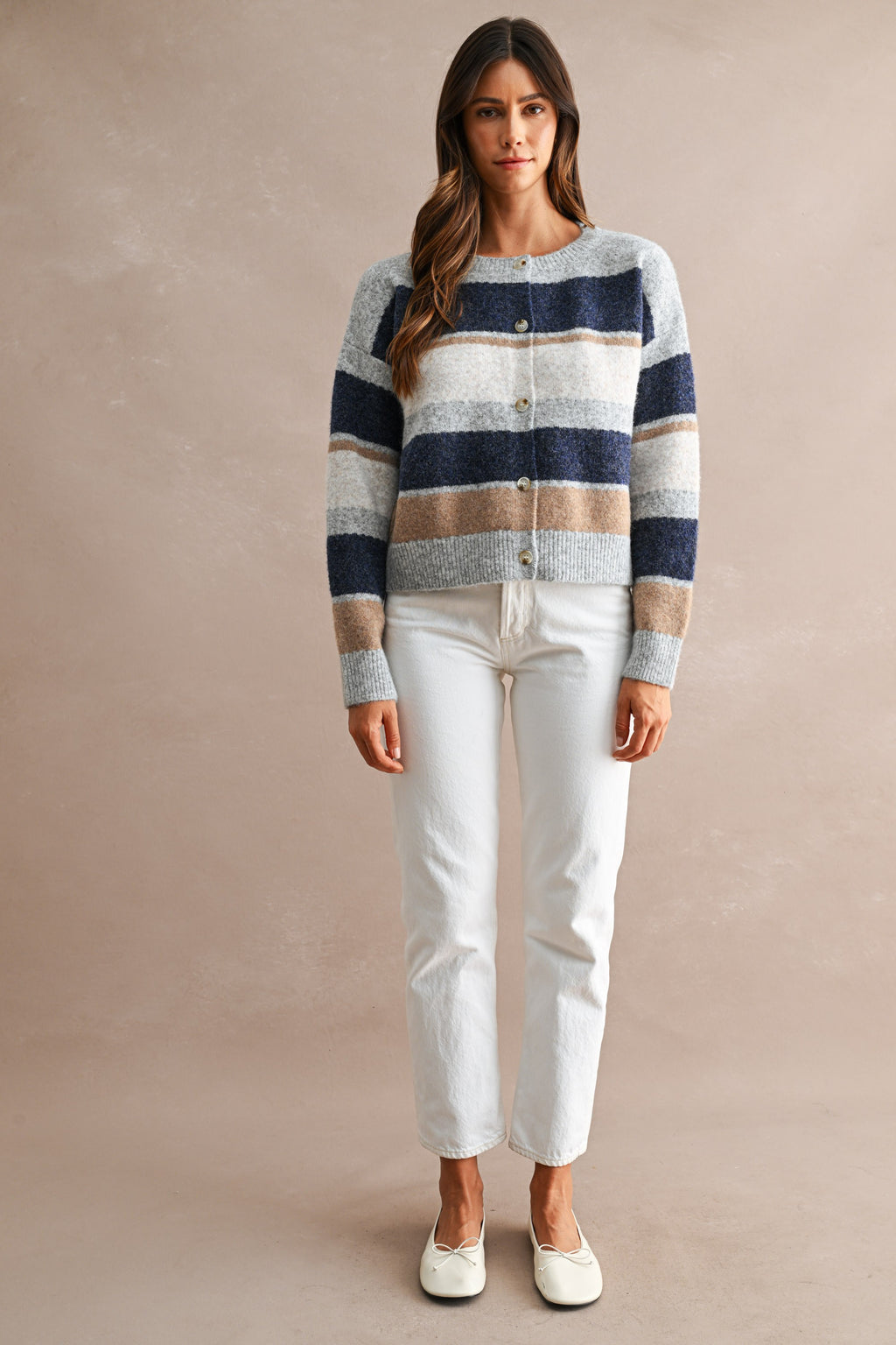 Multi-Color Striped Long Sleeve Knit Cropped Cardigan